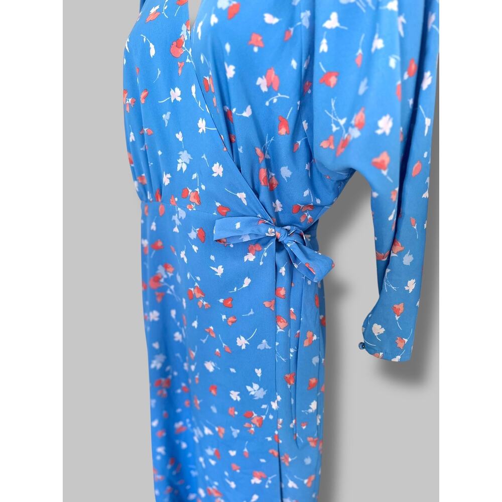 Joie Blue Floral Wrap Dress Size XS Long Sleeve V-Neck Midi Dress Asymmetric Hem - Picture 4 of 11